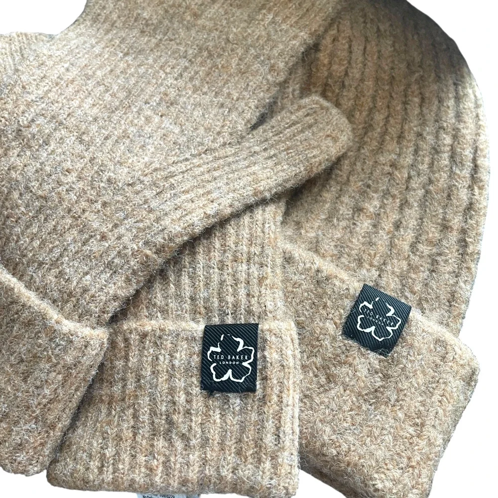 TED BAKER Women's Heather Brown Wool Blend Brite Knit Winter Hat & Glove Set NWT